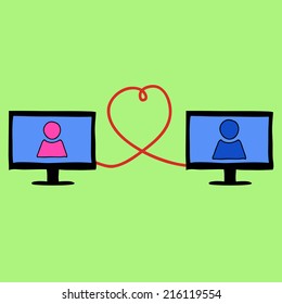 Doodle style love in internet with two computers connetcted with wire in heart shape