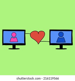 Doodle style love in internet with two computers connetcted with red heart