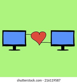 Doodle style love online with two computers connetcted with red heart