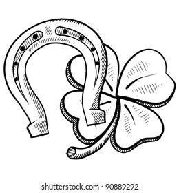 Doodle style luck symbols in vector format including horseshoe and four leaf clover