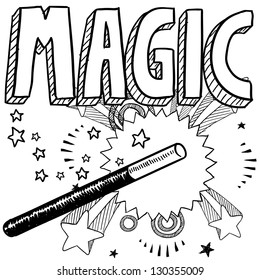 Doodle Style Magic Performer Illustration In Vector Format.  Includes Text And Magic Wand