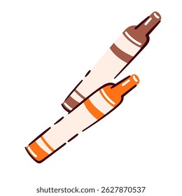 Doodle style markers drawn with cartoon lines, featuring brown and orange colors. Vector illustration of cartoon art tools, sticker for creative projects