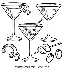 Doodle style martini drink set including olives, glass, lemon or orange peel, and stirrers