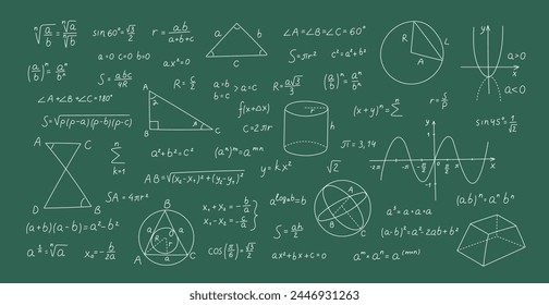 Doodle style math formulas. Hand drawn theory equations at blackboard. Geometry and algebra. School education. Trigonometry function calculation. Chalkboard background