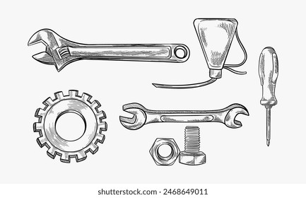 Doodle style mechanic or car maintenance vector illustration with oil can, wrench, gear, and rag