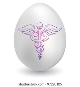 Doodle style medical Caduceus sketch on decorated holiday Easter Egg in vector format