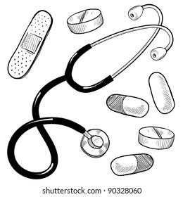 Doodle style medical doctor illustration and pills  capsules  bandage    stethoscope