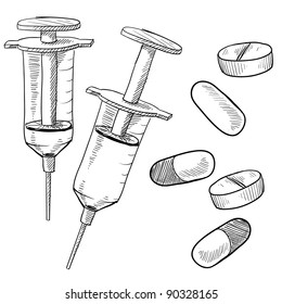 Doodle style medical vector illustration with syringe, pills, and capsuled