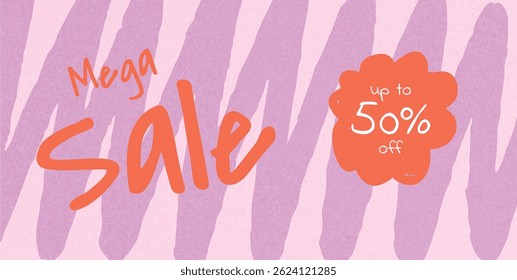 Doodle Style Mega Sale Banner with Up to 50 Percent Off Text. Abstract Hand Drawn Striped Background in Pink and Purple Tones. Vector Illustration for Promotion.