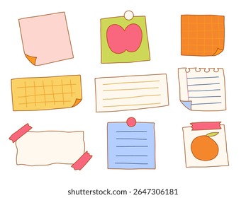 Papier Pour Mémoire Et Note De Style Doodle. Une collection ludique de papiers à notes dessinés à la main, notamment des notes adhésives, des feuilles sur bande, des pages de grille et des bords déchirés. Idéal pour les planificateurs, les journaux et les projets scolaires