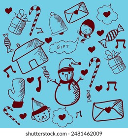 Doodle Style Merry Christmas Festival Pattern on Blue Background.
