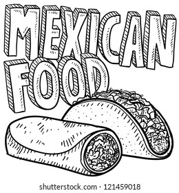 Doodle style Mexican food sketch, including text message, burrito, and tacos in vector format.