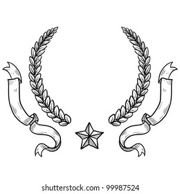 Doodle style military insignia crest with wreath, ribbon, and star in vector format