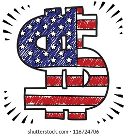 Doodle style money influences American politics and elections overlaid with the American Flag sketch in vector format