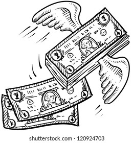 Doodle style money taking off sketch.  Indicates inflation, investment growth, or that business is booming.  Vector format.