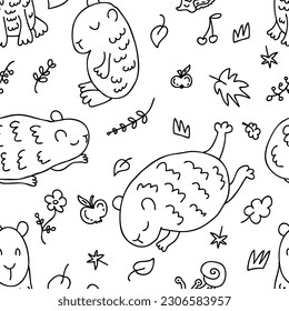 Estilo Doodle monocromo patrón sin fisuras con alegres capibaras. Impresión animalista perfecta para tee, papel, textil y tela. Ilustración vectorial para decoración y diseño.