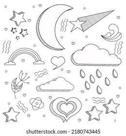 Doodle style of moon,stars,clouds, rainbow in vector format. Isolated illustration for banners, posters, logo.