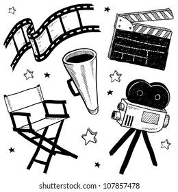 Doodle style movie set equipment sketch in vector format.  Set includes clapperboard, director's chair, megaphone, film strip, and camera.