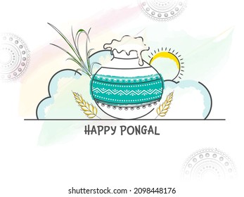 Doodle Style Mud Pot Full Of Traditional Dish With Sugarcane, Wheat Ears, Deity Surya And Brush Effect On White Mandala Background For Happy Pongal Concept.