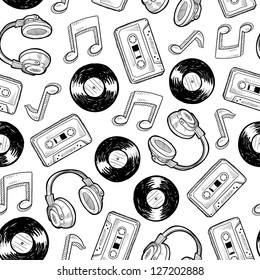 Doodle style music media seamless vector background. Includes vinyl records, music notes, headphones, and cassette tapes.