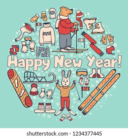 Doodle style, new year illustration. Drawing style Bear, hare skiers, winter warm clothes. Snowboard, ski, sled. On a bright background. Vector illustration