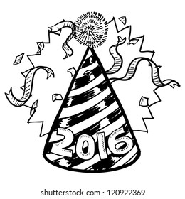 Doodle style New Year's Eve celebration sketch including party hat, confetti, and 2016 date marker.  Vector format.