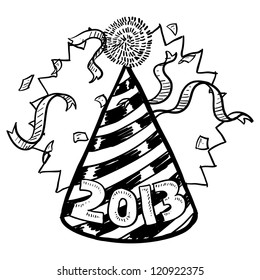 Doodle style New Year's Eve celebration sketch including party hat, confetti, and 2013 date marker.  Vector format.