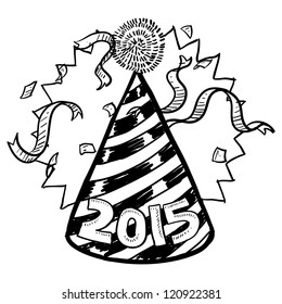 Doodle style New Year's Eve celebration sketch including party hat, confetti, and 2015 date marker.  Vector format.