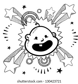 Doodle style newborn baby illustration in vector format.  Includes caricature of infant, along with pop explosion background.