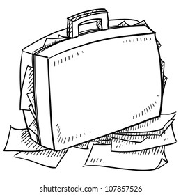 Doodle Style Office Briefcase Stuffed With Papers Sketch In Vector Format.