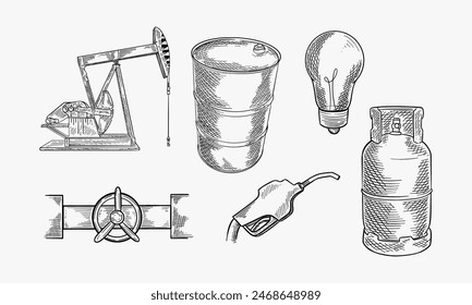 Skizze der Öl- und Gasenergie im Doodle-Stil im Vektorgrafik-Format. Set enthält Gaspumpe, Ölquelle, Glühbirne und Fass.