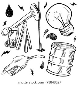 Doodle style oil and gas energy sketch in vector format. Set includes gas pump, oil well, light bulb, and barrel.