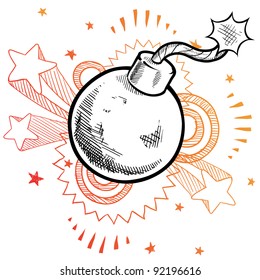 Doodle style old fashioned explosive bomb illustration in vector format with retro 1970s pop background