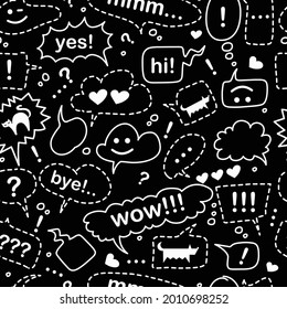 Doodle style on a black background. Seamless pattern with speech bubbles. Dialog words: yes, hello, wow, goodbye, mmm. The pattern includes an exclamation mark, a heart, a cat and a dog.