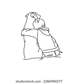 Doodle style on little boy sitting with his dog on the shore of Lake, child hugging his dog