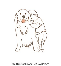 Doodle style on Little boy stands, hugs sitting Malamute dog and cuddles him for walk.