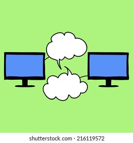Doodle style online chat image. Two computers with chat clouds