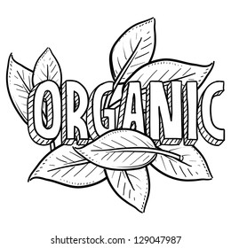 Doodle Style Organic Food Illustration In Vector Format.  Includes Title Text And Natural Leaves.