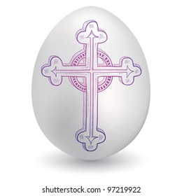 Doodle style orthodox or baroque Christian cross sketch on decorated holiday Easter Egg in vector format