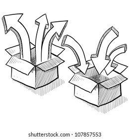 Doodle style packing, shipping, and distribution sketch in vector format showing boxes with unpacking and packing arrows.