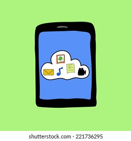 Doodle style pad with cloud and many icons. Information storage