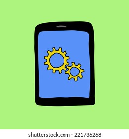 Doodle style pad with two gear wheels. Settings sign