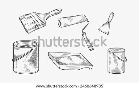 Doodle style painting equipment in vector format including paint can, roller, and brush