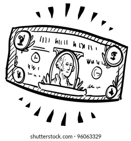 Doodle style paper currency or dollar bill illustration with motion mark indicating stretching or expansion.  Vector file.