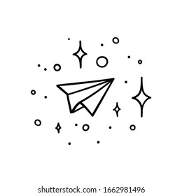 Doodle style paper plane flying in space with stars - isolated vector illustration