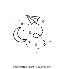 Doodle style paper plane with tracing line flying in space around the moon - isolated vector illustration