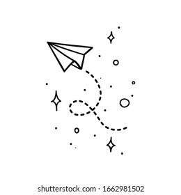 Doodle style paper plane with tracing line flying in space with stars - isolated vector illustration