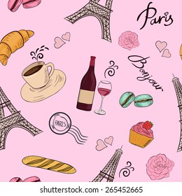 Doodle style Paris symbols and elements vector seamless pattern