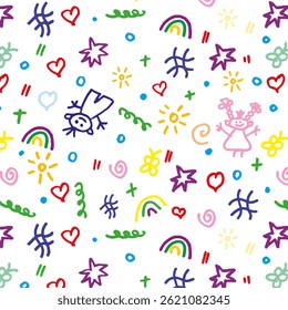 Doodle style pattern Children's pencil drawing background. Children's school pencil drawing. Girl with pigtails, boy, rainbow sun, swirls, butterflies, tic tac toe, red heart. Vector illustration