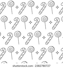 Doodle style pattern with Christmas elements. Doodle pattern with lollipop, caramel stick and star. Hand drawn vector Christmas candies in doodle stlye. New Year's doodle illustration